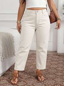 EMERY ROSE Jeans de Mezclilla Casuales y Versátiles para Mujer Talla Grande para Uso Diario y Viajes con Bolsillos y Botones - Caqui - Ver 3
