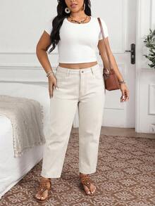 EMERY ROSE Jeans de Mezclilla Casuales y Versátiles para Mujer Talla Grande para Uso Diario y Viajes con Bolsillos y Botones - Caqui - Ver 6