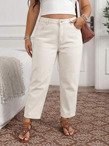 EMERY ROSE Jeans de Mezclilla Casuales y Versátiles para Mujer Talla Grande para Uso Diario y Viajes con Bolsillos y Botones - Caqui - Ver 4
