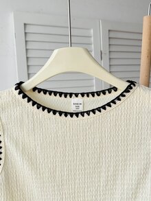 SHEIN 青少年女孩寬鬆休閒簡約舒適圓領無袖條紋背心上衣與短褲套裝 - 黑與白 - 查看 3