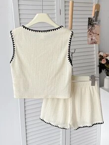 SHEIN 青少年女孩寬鬆休閒簡約舒適圓領無袖條紋背心上衣與短褲套裝 - 黑與白 - 查看 2