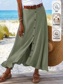 Louniche Women's Spring/Summer Casual Solid Color Slit Long Skirt, Suitable For Beach Vacation, Daily Outings, Home Wear, Commuting - Green - View 3