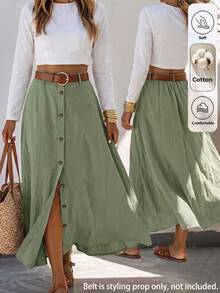 Louniche Women's Spring/Summer Casual Solid Color Slit Long Skirt, Suitable For Beach Vacation, Daily Outings, Home Wear, Commuting - Green - View 1