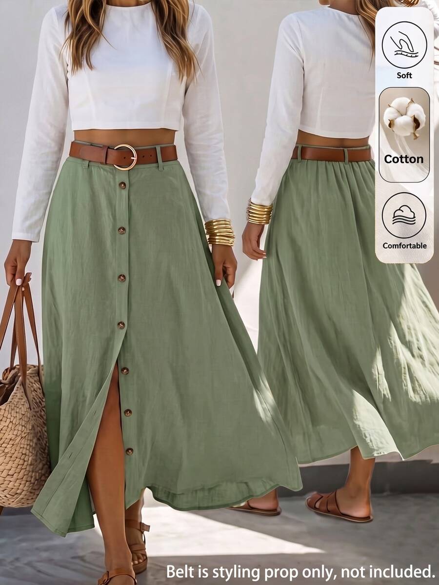 Louniche Women's Spring/Summer Casual Solid Color Slit Long Skirt, Suitable For Beach Vacation, Daily Outings, Home Wear, Commuting - Green - View 1