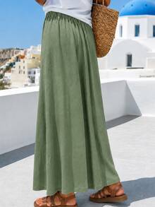 Louniche Women's Spring/Summer Casual Solid Color Slit Long Skirt, Suitable For Beach Vacation, Daily Outings, Home Wear, Commuting - Green - View 2