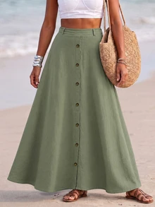 Louniche Women's Spring/Summer Casual Solid Color Slit Long Skirt, Suitable For Beach Vacation, Daily Outings, Home Wear, Commuting - Green - View 4