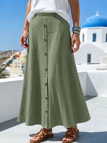 Louniche Women's Spring/Summer Casual Solid Color Slit Long Skirt, Suitable For Beach Vacation, Daily Outings, Home Wear, Commuting - Green - View 6