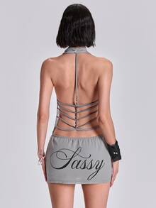 ROMWE Gaun Mini Bodycon Tanpa Lengan dengan Dekorasi Metalik dan Leher V Dalam untuk Liburan Musim Panas Gaya Y2K - Grey - View 10