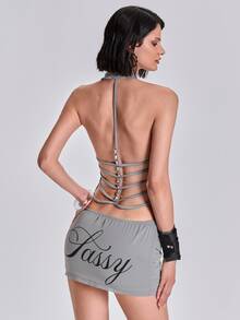 ROMWE Gaun Mini Bodycon Tanpa Lengan dengan Dekorasi Metalik dan Leher V Dalam untuk Liburan Musim Panas Gaya Y2K - Grey - View 8