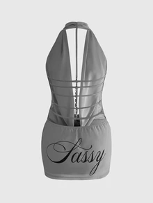 ROMWE Gaun Mini Bodycon Tanpa Lengan dengan Dekorasi Metalik dan Leher V Dalam untuk Liburan Musim Panas Gaya Y2K - Grey - View 7