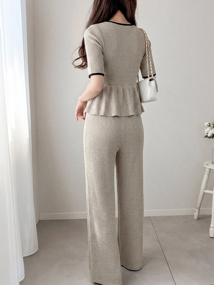 FRIFUL Women's Khaki Colorblock Ruffle Hem Top And Loose Wide Leg Pants Sweet Elegant Casual Knit Two Pieces Set Teachers' Day Office Brunch Summer Black Cute Tops - Apricot - View 4