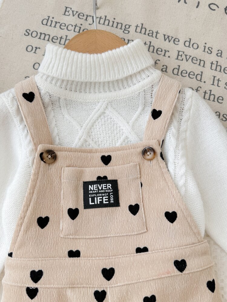 SHEIN Baby Girl Woven Heart Pattern Single Pocket Suspender Romper - Apricot - View 5