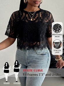SHEIN PETITE CURVE CURVE 大尺碼女款黑色夏季優雅夜店上衣，花卉刺繡荷葉邊小巧設計，高腰度假風 - 黑色 - 查看 5