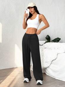 Velisys Velisys Celana Panjang Wanita Polos dengan Tali Serut di Pinggang, Potongan Lebar, Model Longgar, Warna Hitam, Celana Kasual. - Hitam - View 6