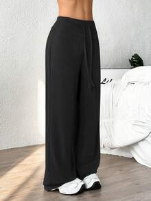 Velisys Velisys Celana Panjang Wanita Polos dengan Tali Serut di Pinggang, Potongan Lebar, Model Longgar, Warna Hitam, Celana Kasual. - Hitam - View 5