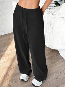 Velisys Velisys Celana Panjang Wanita Polos dengan Tali Serut di Pinggang, Potongan Lebar, Model Longgar, Warna Hitam, Celana Kasual. - Hitam - View 8