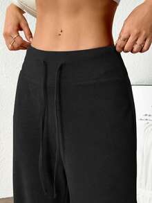 Velisys Velisys Celana Panjang Wanita Polos dengan Tali Serut di Pinggang, Potongan Lebar, Model Longgar, Warna Hitam, Celana Kasual. - Hitam - View 7