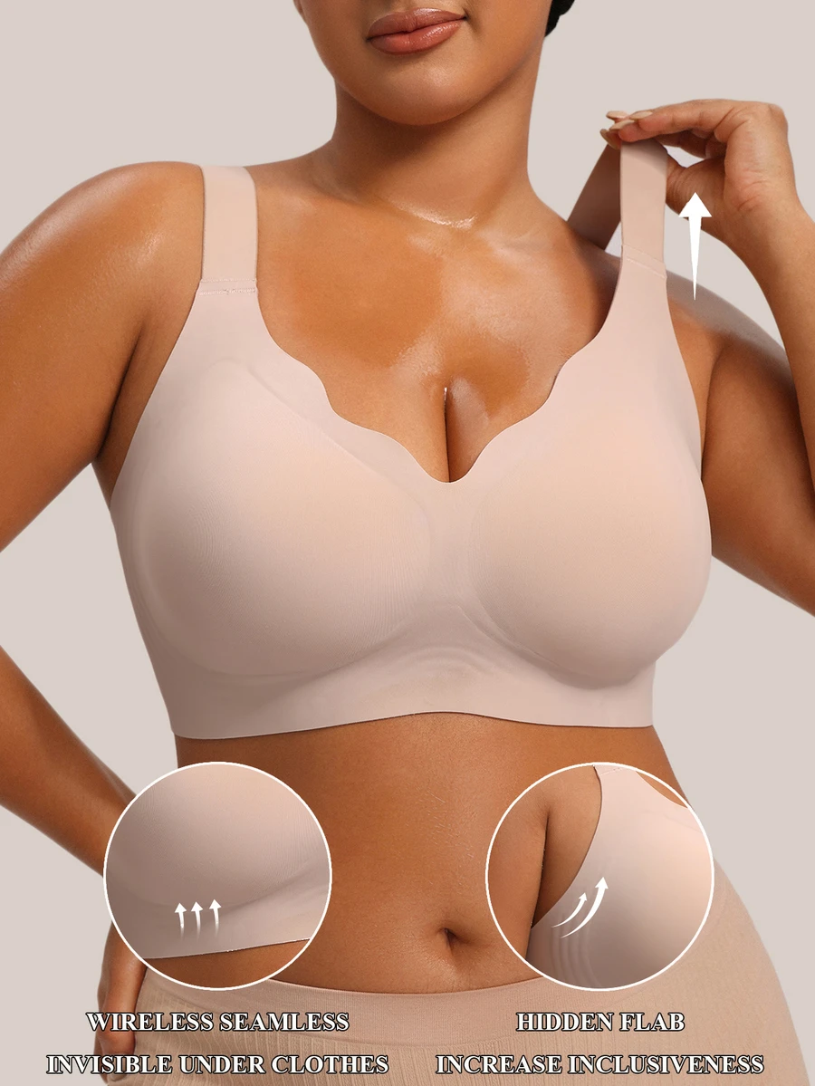 Barelissa Women Beige Scallop Trim Adjustable Wide Strap Jelly Glue Bra Plus Size Wireless Seamless Supportive Back Smoothing Bralette For Daily Commute - Apricot - View 1