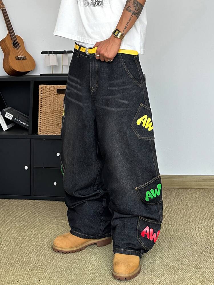 STEELVANCE Streetwear Retro Fashion Versatile Distressed Washed Cat Whisker Multi-Pocket Print Design Loose Straight Wide Leg Casual Denim Jeans (Belt And Accessories Not Included) - Black - View 5