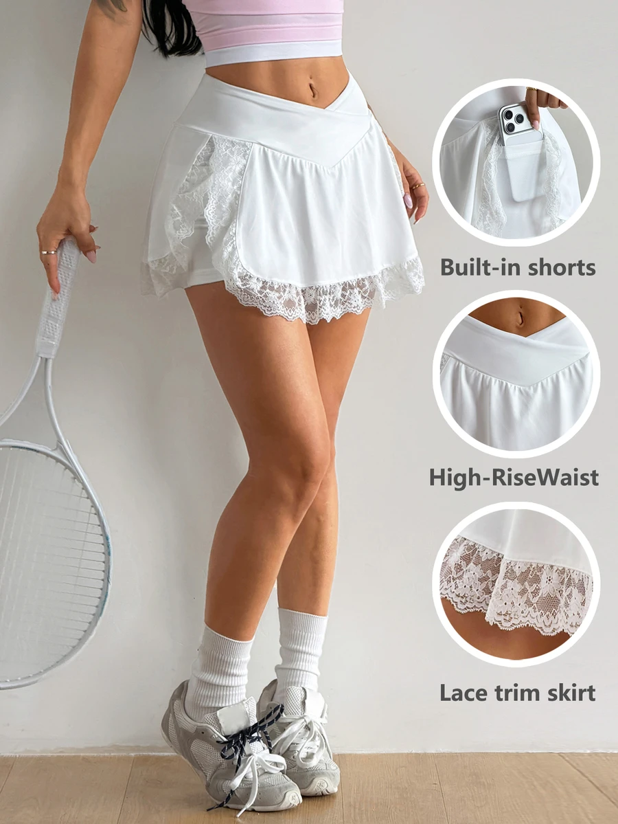 Coolane Celana Pendek Kompresi Musim Panas Wanita, Saku dan Bahan Bernapas untuk Bulu Tangkis dan Tenis, Rok Olahraga Renda - Putih - View 1