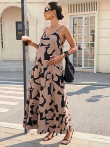 MaterniWear 夏季孕妇无袖印花连衣裙，带口袋，宽松版型 - 酒紅色 - 查看 4