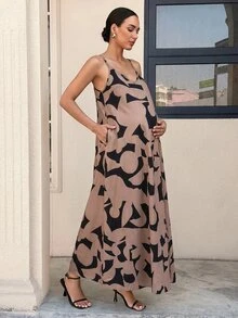 MaterniWear 夏季孕妇无袖印花连衣裙，带口袋，宽松版型 - 酒紅色 - 查看 5