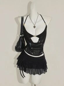 SHEIN ICON 闪亮网眼透明串珠装饰二合一女式背心 - 黑色 - 查看 7