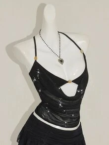 SHEIN ICON 闪亮网眼透明串珠装饰二合一女式背心 - 黑色 - 查看 10