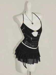 SHEIN ICON 闪亮网眼透明串珠装饰二合一女式背心 - 黑色 - 查看 9