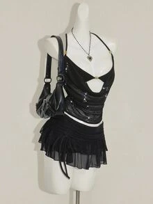 SHEIN ICON 闪亮网眼透明串珠装饰二合一女式背心 - 黑色 - 查看 8