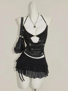SHEIN ICON 闪亮网眼透明串珠装饰二合一女式背心 - 黑色 - 查看 6