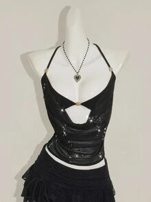 SHEIN ICON 闪亮网眼透明串珠装饰二合一女式背心 - 黑色 - 查看 2
