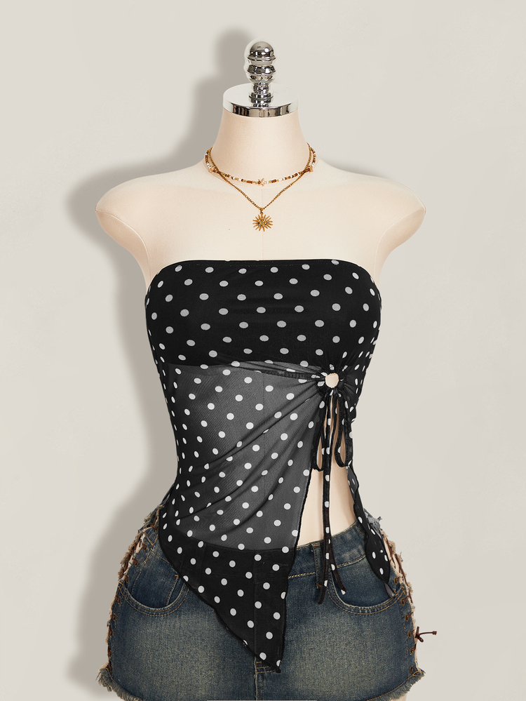 SHEIN ICON 夏季女士性感外出海滩派对黑色复古性感度假风波点印花扭结不对称下摆抹胸上衣 - 黑色 - 查看 12