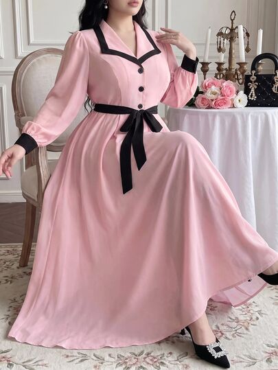 Vibekara Spring/Autumn Elegant Fashion Minimalist Date & Commute Long Sleeve Dress With Blazer Collar, Japanese Sweet Cute Black & Pink Patchwork Dress, New Petite College Style Youthful Slimming Elegant Professional Date Long Dress, Summer New French Loose Fit Dress