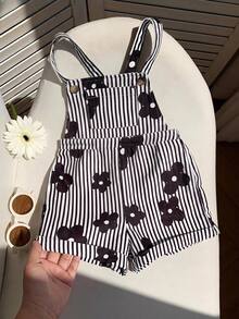 SHEIN LMoss Kids 女嬰編織條紋花卉印花吊帶連身褲 - 黑與白 - 查看 7