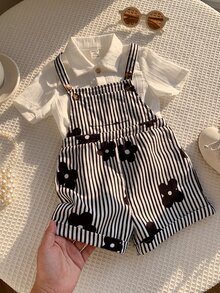 SHEIN LMoss Kids 女嬰編織條紋花卉印花吊帶連身褲 - 黑與白 - 查看 5
