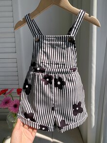 SHEIN LMoss Kids 女嬰編織條紋花卉印花吊帶連身褲 - 黑與白 - 查看 3