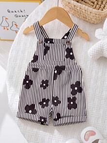 SHEIN LMoss Kids 女嬰編織條紋花卉印花吊帶連身褲 - 黑與白 - 查看 1
