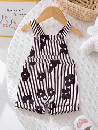 SHEIN LMoss Kids Baby Girl Woven Striped Floral Print Suspender Romper