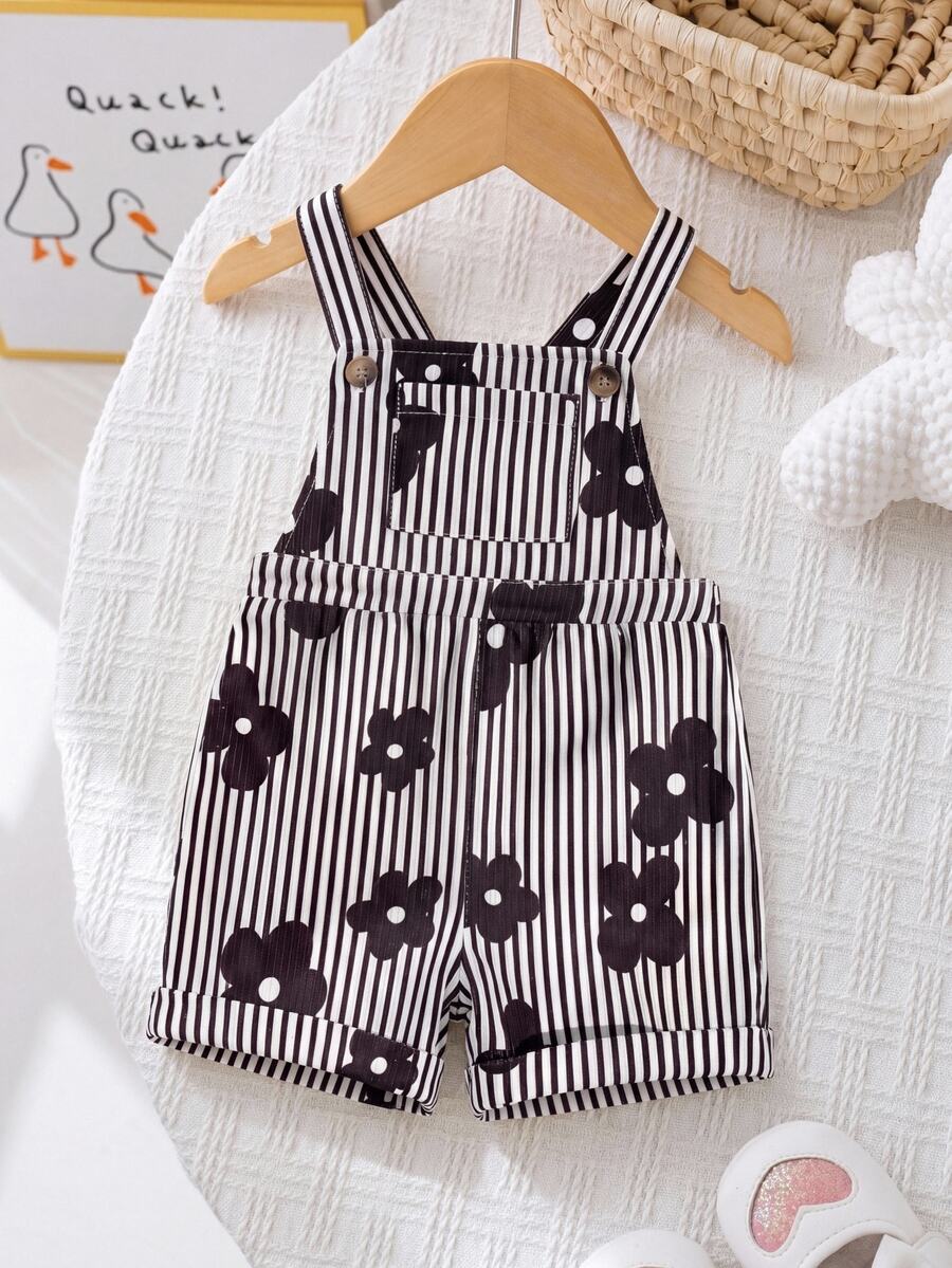 SHEIN LMoss Kids 女嬰編織條紋花卉印花吊帶連身褲 - 黑與白 - 查看 1