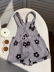 SHEIN LMoss Kids 女嬰編織條紋花卉印花吊帶連身褲 - 黑與白 - 查看 2