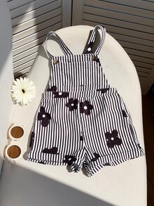 SHEIN LMoss Kids 女嬰編織條紋花卉印花吊帶連身褲 - 黑與白 - 查看 4