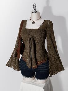 SHEIN ICON Plus Size Y2K Retro Brown 2 In 1 Bell Sleeve Knit Top Fall - Brown - View 10