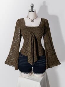 SHEIN ICON Plus Size Y2K Retro Brown 2 In 1 Bell Sleeve Knit Top Fall - Brown - View 9