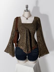 SHEIN ICON Plus Size Y2K Retro Brown 2 In 1 Bell Sleeve Knit Top Fall - Brown - View 3