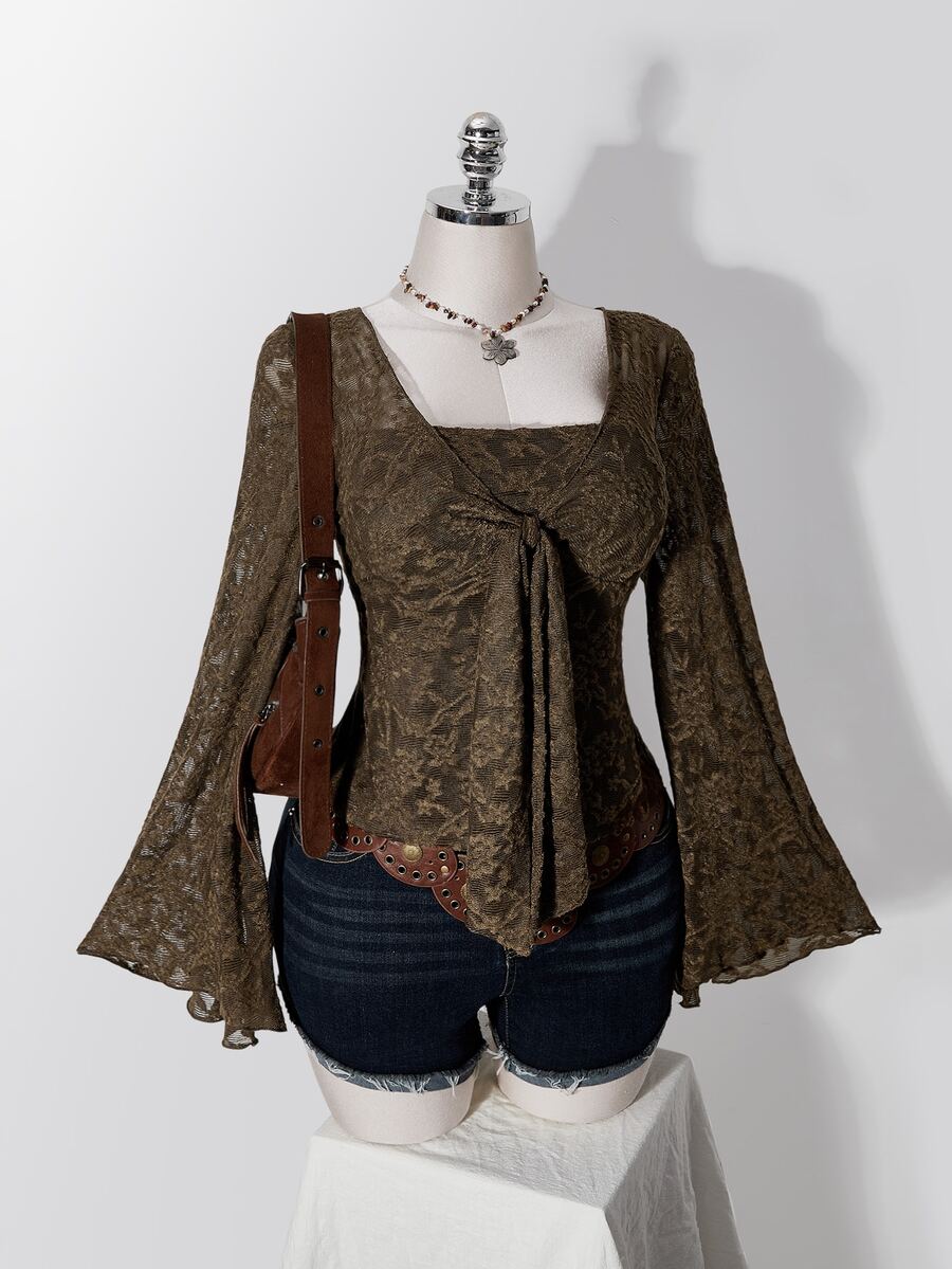 SHEIN ICON Plus Size Y2K Retro Brown 2 In 1 Bell Sleeve Knit Top Fall - Brown - View 1