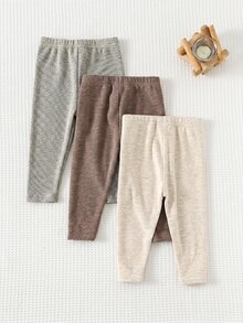 Cozy Pixies 女嬰裝飾編織標籤保暖內裡鬆緊腰修身秋冬打底褲 3件/組 - 卡其色 - 查看 2