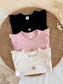 SHEIN LMoss Kids 女嬰針織純色圓領荷葉邊下擺愛心圖案休閒上衣 3件套 加厚款 適合秋冬冬季 - 彩色 - 查看 4