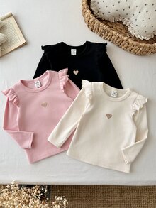 SHEIN LMoss Kids 女嬰針織純色圓領荷葉邊下擺愛心圖案休閒上衣 3件套 加厚款 適合秋冬冬季 - 彩色 - 查看 6