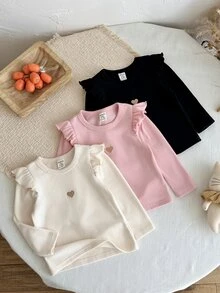 SHEIN LMoss Kids 女嬰針織純色圓領荷葉邊下擺愛心圖案休閒上衣 3件套 加厚款 適合秋冬冬季 - 彩色 - 查看 5